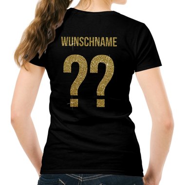 Damen T-Shirt - Deutschland-Flagge - mit Glitzer - Wunschname und Wunschnummer auf der Rckseite schwarz-goldglitzer XXL