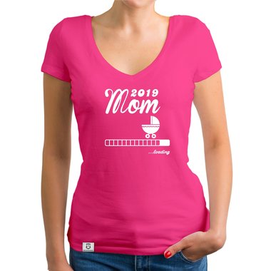 Damen T-Shirt V-Ausschnitt - Mom 2019 loading dunkelgrau-fuchsia XS