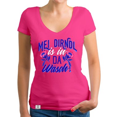 Damen T-Shirt V-Ausschnitt - Mei Dirndl is in da Wsch fuchsia-weiss XS