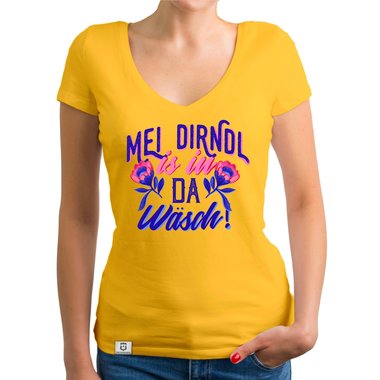 Damen T-Shirt V-Ausschnitt - Mei Dirndl is in da Wsch fuchsia-weiss XS