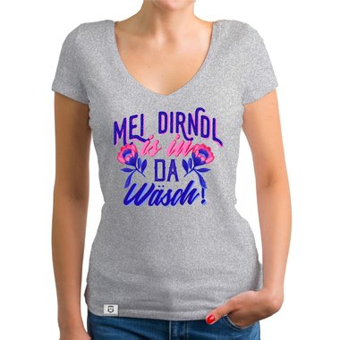 Damen T-Shirt V-Ausschnitt - Mei Dirndl is in da Wsch fuchsia-weiss XS