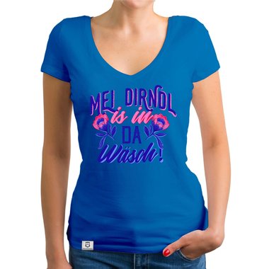 Damen T-Shirt V-Ausschnitt - Mei Dirndl is in da Wsch fuchsia-weiss XS