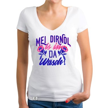 Damen T-Shirt V-Ausschnitt - Mei Dirndl is in da Wsch fuchsia-weiss XS