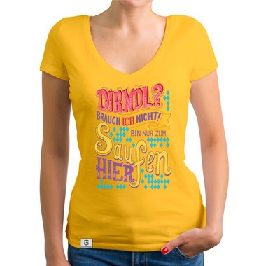 Damen T-Shirt V-Ausschnitt - Dirndl - Ich bin nur zum Saufen hier gelb-rosa XS