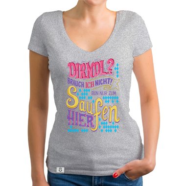 Damen T-Shirt V-Ausschnitt - Dirndl - Ich bin nur zum Saufen hier gelb-rosa XS