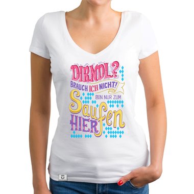 Damen T-Shirt V-Ausschnitt - Dirndl - Ich bin nur zum Saufen hier gelb-rosa XS