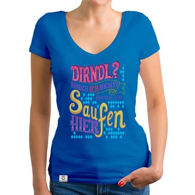 Damen T-Shirt V-Ausschnitt - Dirndl - Ich bin nur zum Saufen hier dunkelgrau-rosa XXL