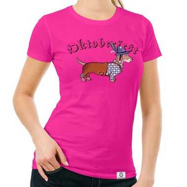 Damen T-Shirt - Oktoberfest Dackel fuchsia-schwarz XS