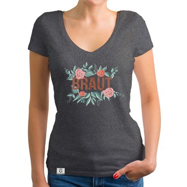 Damen T-Shirt V-Ausschnitt - Braut mit Blumenrahmen