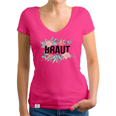 Damen T-Shirt V-Ausschnitt - Braut mit Blumenrahmen fuchsia-schwarz XS