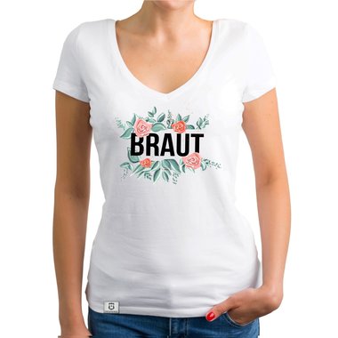 Damen T-Shirt V-Ausschnitt - Braut mit Blumenrahmen fuchsia-schwarz XS