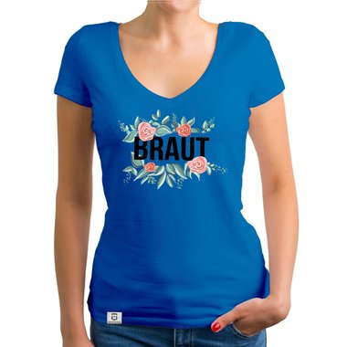 Damen T-Shirt V-Ausschnitt - Braut mit Blumenrahmen royalblau-schwarz XXL