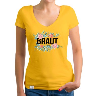 Damen T-Shirt V-Ausschnitt - Braut mit Blumenrahmen royalblau-schwarz XXL