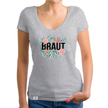 Damen T-Shirt V-Ausschnitt - Braut mit Blumenrahmen royalblau-schwarz XXL