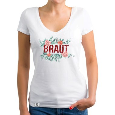 Damen T-Shirt V-Ausschnitt - Braut mit Blumenrahmen royalblau-schwarz XXL