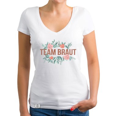 Damen T-Shirt V-Ausschnitt - Team Braut mit Blumenrahmen