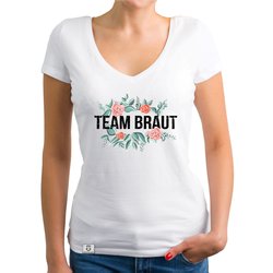 Damen T-Shirt V-Ausschnitt - Team Braut mit Blumenrahmen