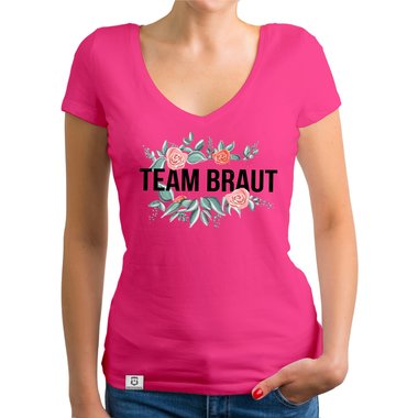 Damen T-Shirt V-Ausschnitt - Team Braut mit Blumenrahmen fuchsia-schwarz XS