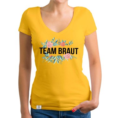 Damen T-Shirt V-Ausschnitt - Team Braut mit Blumenrahmen fuchsia-schwarz XS