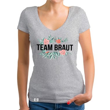 Damen T-Shirt V-Ausschnitt - Team Braut mit Blumenrahmen fuchsia-schwarz XS