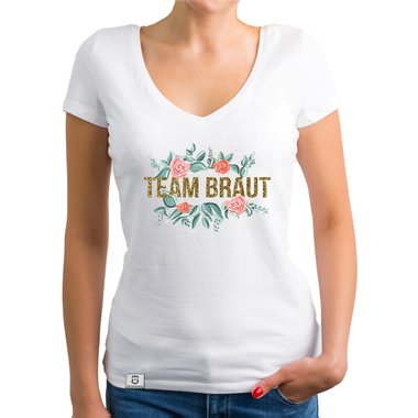 Damen T-Shirt V-Ausschnitt - Team Braut mit Blumenrahmen fuchsia-schwarz XS