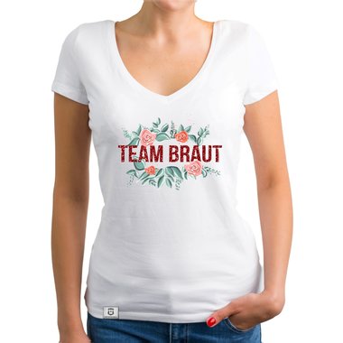 Damen T-Shirt V-Ausschnitt - Team Braut mit Blumenrahmen fuchsia-schwarz XS