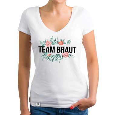 Damen T-Shirt V-Ausschnitt - Team Braut mit Blumenrahmen fuchsia-schwarz XS