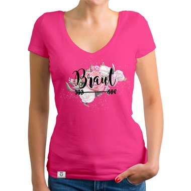 Damen T-Shirt V-Ausschnitt - Braut auf Blumen fuchsia-schwarz XS