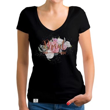 Damen T-Shirt V-Ausschnitt - Braut auf Blumen fuchsia-schwarz XS