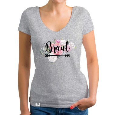 Damen T-Shirt V-Ausschnitt - Braut auf Blumen fuchsia-schwarz XS