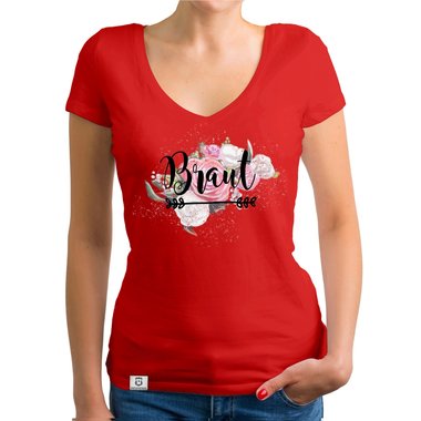 Damen T-Shirt V-Ausschnitt - Braut auf Blumen fuchsia-schwarz XS