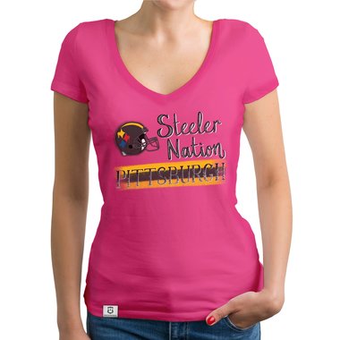 Damen T-Shirt V-Ausschnitt - Steeler Nation - Pittsburgh fuchsia-schwarz XXL