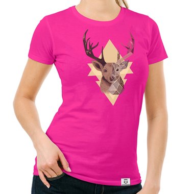 Damen T-Shirt - Hirsch Grafikstyle fuchsia-braun XXL