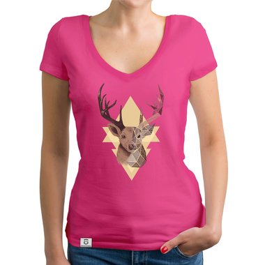 Damen T-Shirt V-Ausschnitt - Hirsch Grafikstyle fuchsia-braun XXL