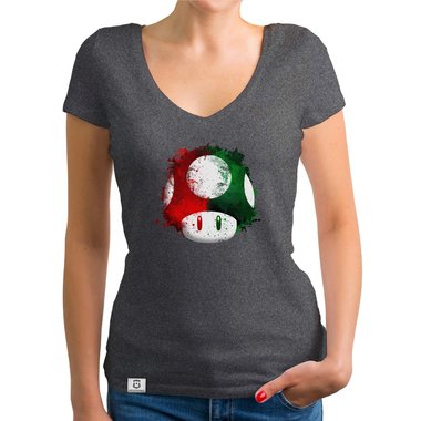 Damen T-Shirt V-Ausschnitt - Super Mario - Pilz dunkelgrau-rot XS