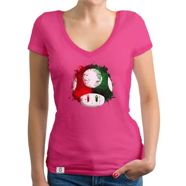 Damen T-Shirt V-Ausschnitt - Super Mario - Pilz dunkelgrau-rot XS