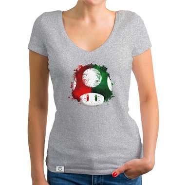 Damen T-Shirt V-Ausschnitt - Super Mario - Pilz dunkelgrau-rot XS