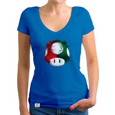 Damen T-Shirt V-Ausschnitt - Super Mario - Pilz dunkelgrau-rot XS