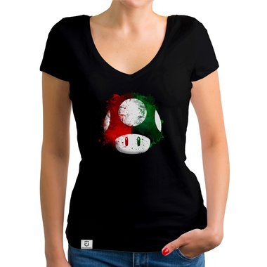 Damen T-Shirt V-Ausschnitt - Super Mario - Pilz dunkelgrau-rot XS