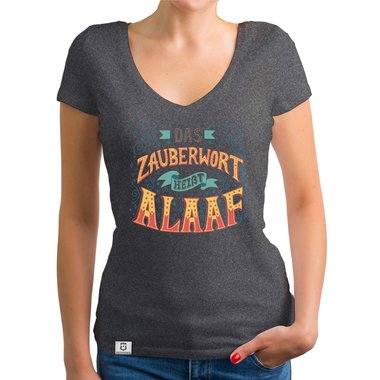 Damen T-Shirt V-Ausschnitt - Zauberwort Alaaf dunkelgrau-gelb XS