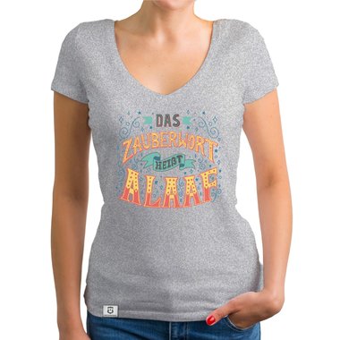 Damen T-Shirt V-Ausschnitt - Zauberwort Alaaf dunkelgrau-gelb XS