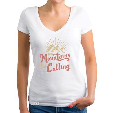 Damen T-Shirt V-Ausschnitt - Mountains are calling weiss-hellbraun XXL