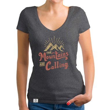 Damen T-Shirt V-Ausschnitt - Mountains are calling weiss-hellbraun XXL