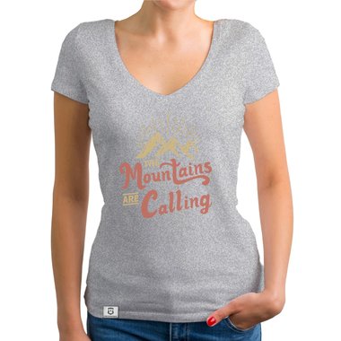 Damen T-Shirt V-Ausschnitt - Mountains are calling weiss-hellbraun XXL