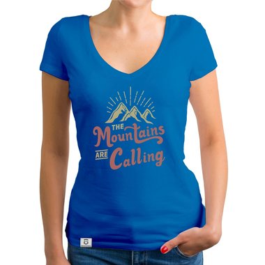 Damen T-Shirt V-Ausschnitt - Mountains are calling weiss-hellbraun XXL