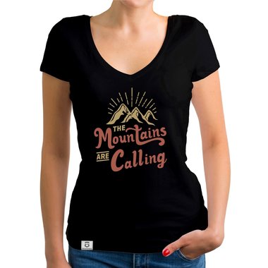 Damen T-Shirt V-Ausschnitt - Mountains are calling weiss-hellbraun XXL