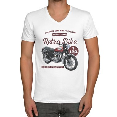 Herren T-Shirt - V-Ausschnitt - Retro Bike dunkelblau-weiss S