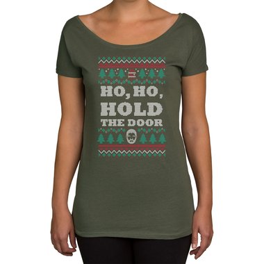 Damen T-Shirt U-Boot-Ausschnitt - Ho, Ho, Hold the Door oliv-weiss XS