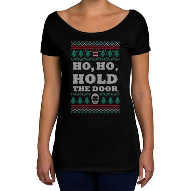 Damen T-Shirt U-Boot-Ausschnitt - Ho, Ho, Hold the Door oliv-weiss XS