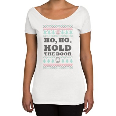 Damen T-Shirt U-Boot-Ausschnitt - Ho, Ho, Hold the Door weiss-schwarz XL